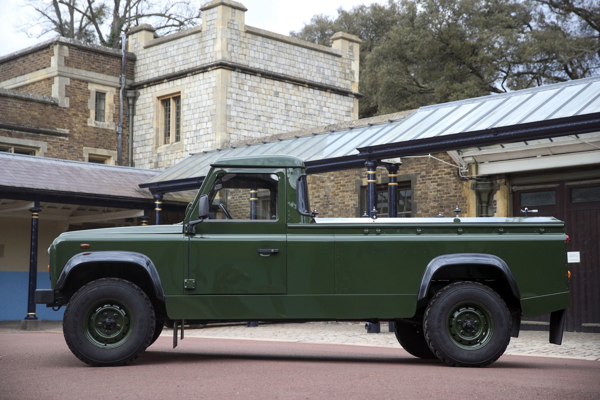 The Jaguar Land Rover that will be used to transport the coffin of the Duke of Edinburgh at his funeral on Saturday, is pictured at Windsor Castle, in Berkshire, England, Wednesday, April 14, 2021. Th ...