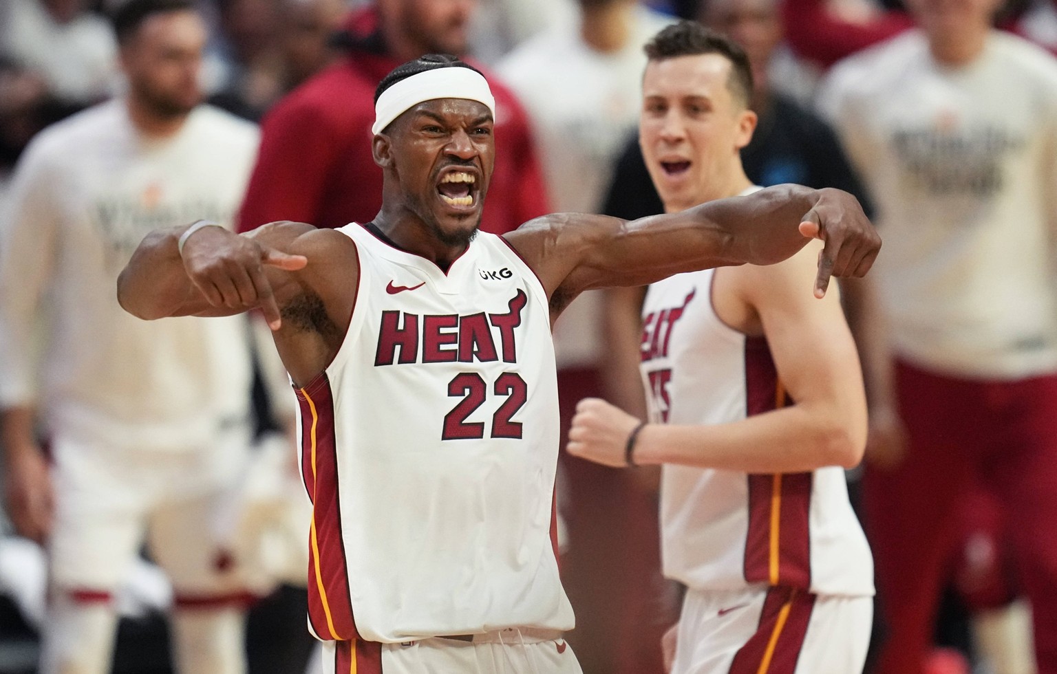NBA, Basketball Herren, USA Playoffs-Milwaukee Bucks at Miami Heat Apr 24, 2023 Miami, Florida, USA Miami Heat forward Jimmy Butler 22 celebrates after making a shot against the Milwaukee Bucks in the ...
