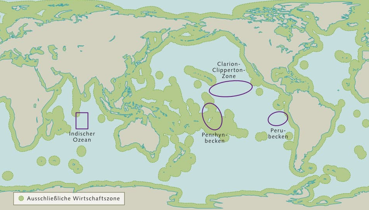 Die wirtschaftlich interessantesten Manganknollenvorkommen befinden sich in der nordpazifischen Clarion-Clipperton-Zone, im Perubecken, im westpazifischen Penrhynbecken sowie im zentralen Indischen Oz ...