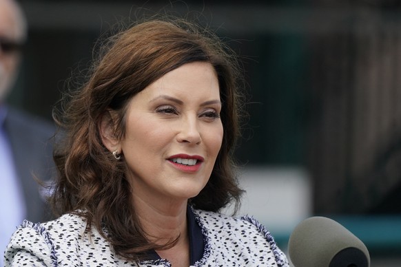 FILE - Michigan Gov. Gretchen Whitmer addresses the media after she signs the final piece of a $76 billion state budget in Detroit on July 20, 2022.  Adam Fox, the co-leader of a conspiracy to ...