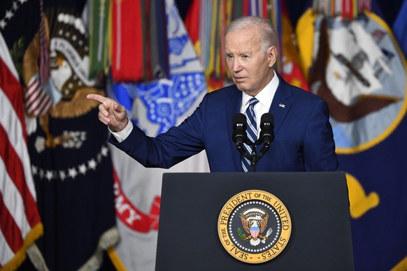 President Joe Biden speaks at the George E. Wahlen Department of Veterans Affairs Medical Center, Thursday, Aug. 10, 2023, in Salt Lake City, Utah. Biden is speaking on the one-year anniversary of the ...