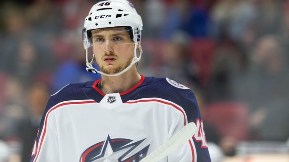 December 14, 2019: Columbus Blue Jackets defenseman Dean Kukan 46 during the NHL, Eishockey Herren, USA game between the Columbus Blue Jackets and Ottawa Senators at Canadian Tire Centre in Ottawa, Ca ...