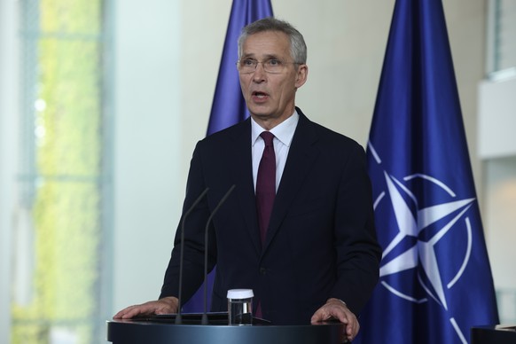 epa11302657 NATO Secretary General Jens Stoltenberg speaks during a joint press statement with German Chancellor Scholz in Berlin, Germany, 26 April 2024. NATO Secretary General Jens Stoltenberg and G ...