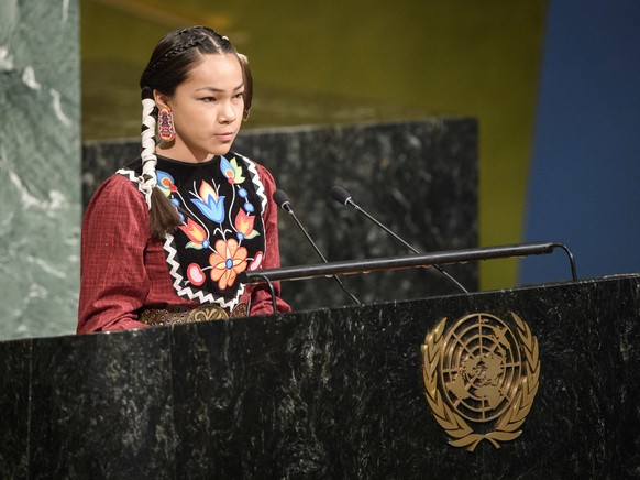 Autumn Peltier, 13, from the Anishinaabe tribe of Canada, speaks in the General Assembly for the launch of the International Decade for Action on Water for Sustainable Development, Thursday, March 22, ...