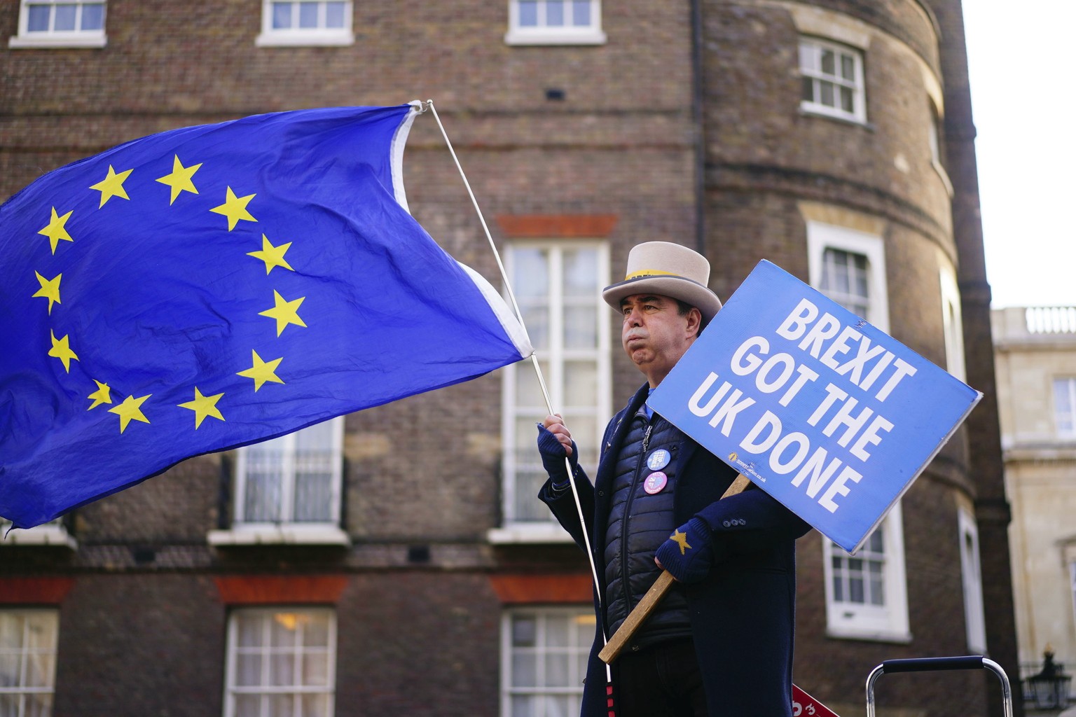 Anti-Brexit protester Steve Bray stands outside Lancaster House in London, Monday, Jan. 9, 2023. (Victoria Jones/PA via AP)