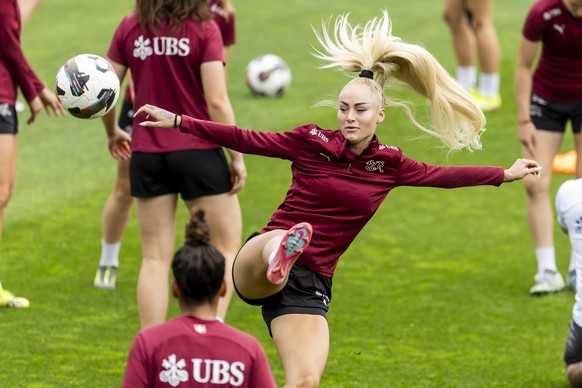 Switzerland&#039;s Forward Alisha Lehmann in action during a training session of the national team of Switzerland one day before the UEFA Women&#039;s Nations League group A2 football match against th ...