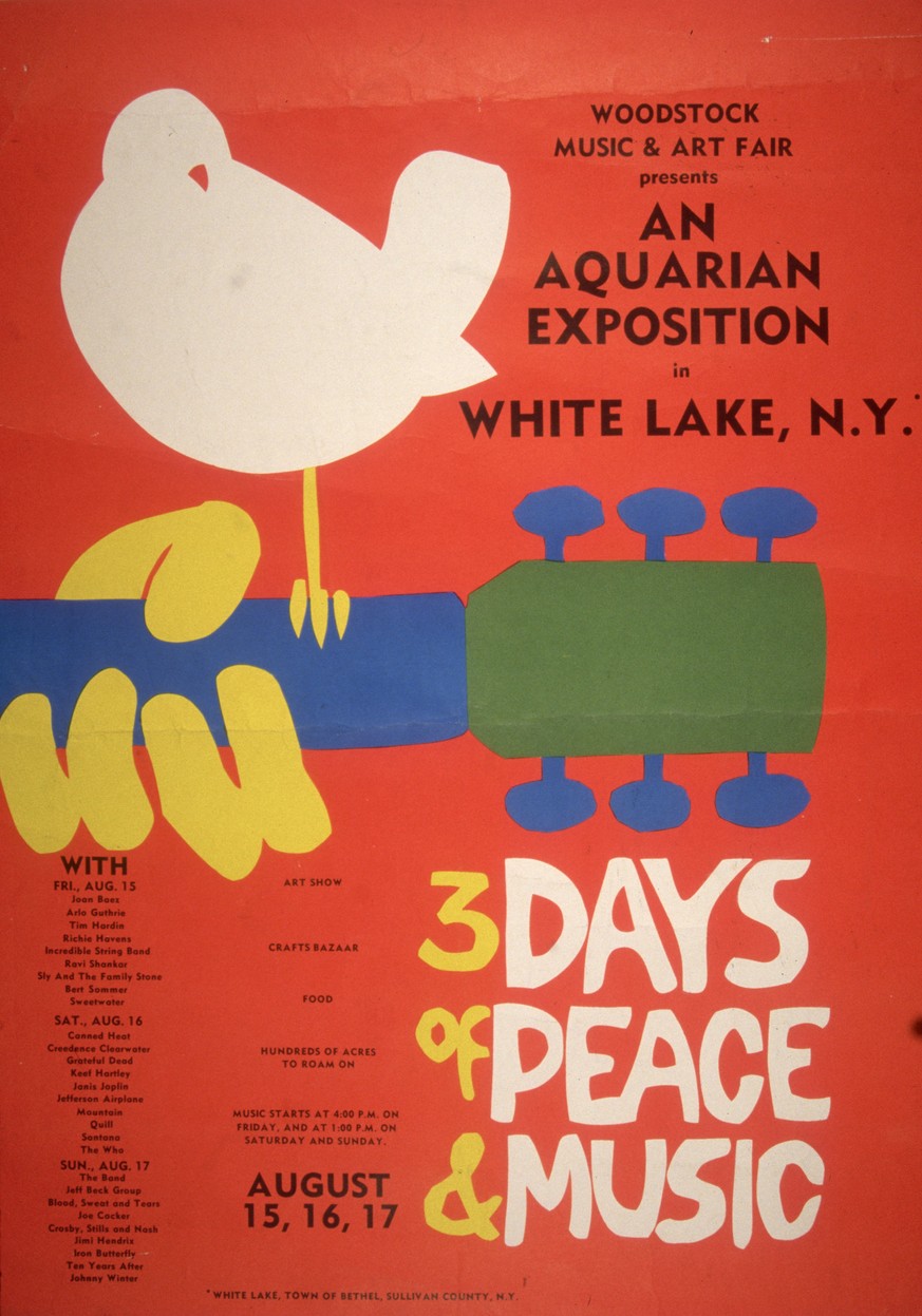 1969: Promotional poster for the 1969 Woodstock Music and Arts Fair in Bethel, New York. A white dove sits on a guitar handle above the tagline, &#039;3 DAYS of PEACE &amp; MUSIC.&#039; A schedule wit ...
