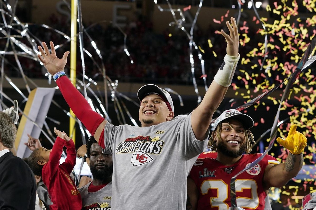 FILE - In this Feb. 2, 2020, file photo, Kansas City Chiefs' Patrick Mahomes, left, and Tyrann Mathieu celebrate after defeating the San Francisco 49ers in the NFL Super Bowl 54 football game in  ...
