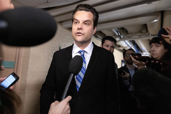 epa10892339 U.S. Republican Florida Representative Matt Gaetz, (C) speaks to members of the news media after a meeting of the House of Representatives Republican Conference on Capitol Hill in Washington, DC, USA,…