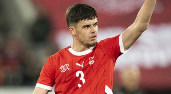 Switzerland's Albian Hajdari reacts after a friendly soccer match between Switzerland and Luxembourg at the Kybunpark stadium in St. Gallen, Switzerland, on Tuesday, March 25, 2025. (KEYSTONE / E ...