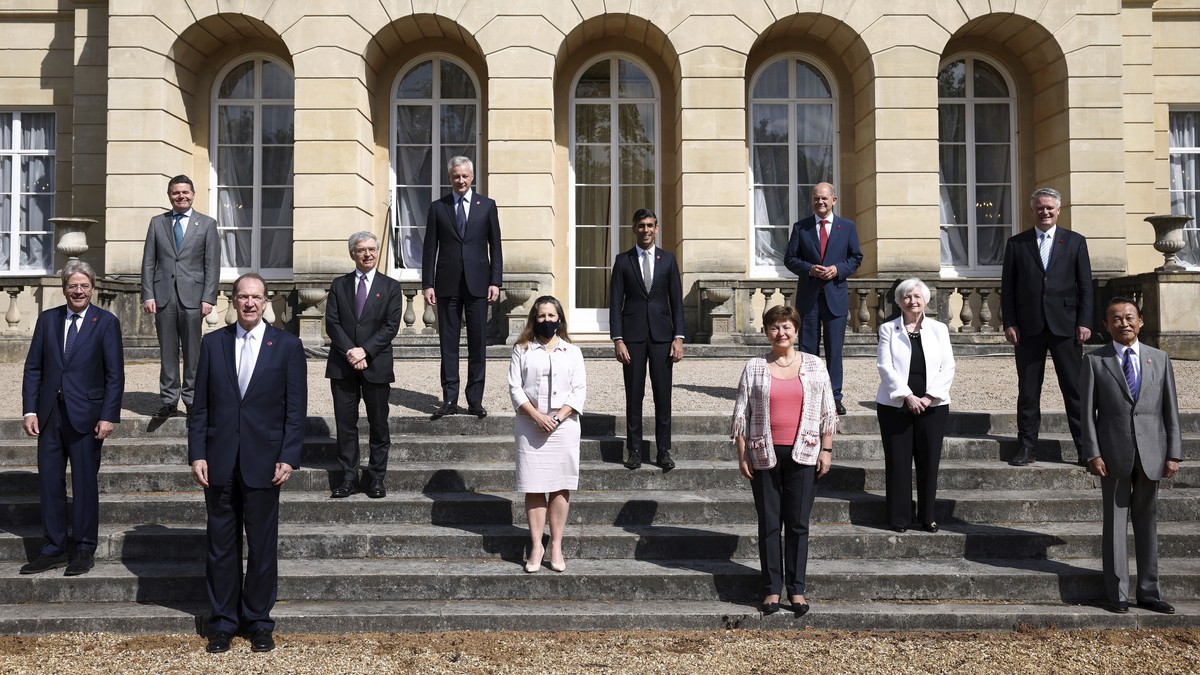 From left, EU's Economy Commissioner Paolo Gentiloni, Eurogroup President Paschal Donohoe, World Bank President David Malpass, Italy's Finance Minister Daniele Franco, French Finance Ministe ...