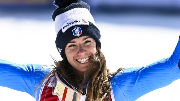 Second placed Marta Bassino of Italy celebrates in the finish area during the second run of the women&#039;s Giant-Slalom race at the FIS Alpine Skiing World Cup finals in Meribel, France, Sunday, Mar ...