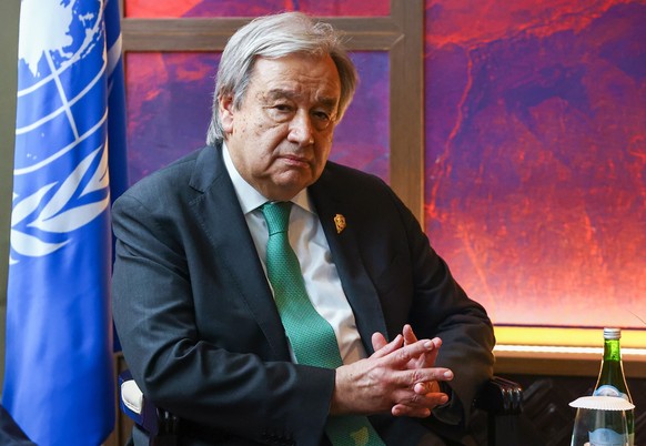 epa10306555 A handout photo provided by the press office of the Russian Ministry of Foreign Affairs shows United Nations (UN) Secretary General Antonio Guterres attending a meeting with Russian fo…