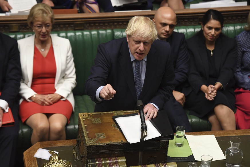 In this handout photo provided by the House of Commons, Britain&#039;s Prime Minister Boris Johnson speaks in Parliament in London, Wednesday, Sept. 25, 2019. An unrepentant Prime Minister Boris Johns ...