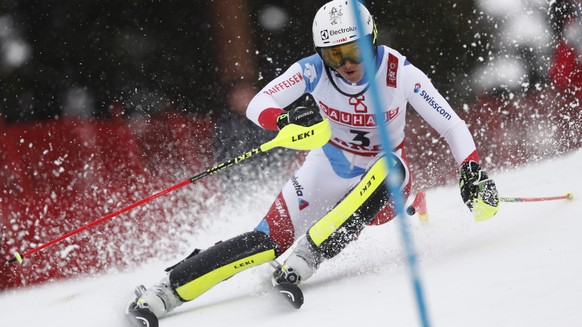 Switzerland's Wendy Holdener speeds down the course during the women's slalom, at the alpine ski World Championships in Are, Sweden, Saturday, Feb. 16, 2019. (AP Photo/Gabriele Facciotti)