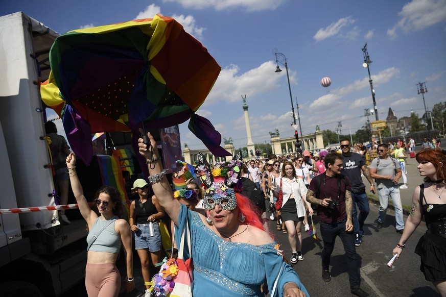 Participants march during the 28th Budapest Pride parade in support for LGBT rights in Budapest, Hungary, 15 July 2023. EPA/Tamas Kovacs HUNGARY OUT