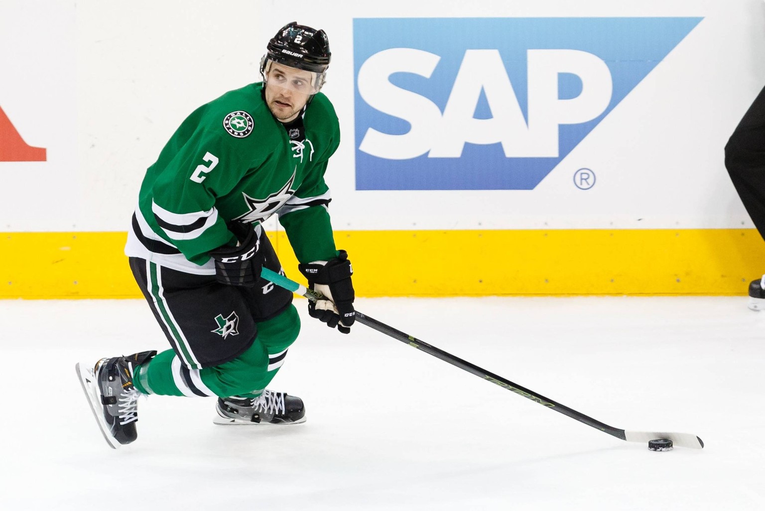 14 APR 2016: Dallas Stars defenseman Kris Russell (2) during the first game of round 1 of the Stanley Cup playoff series between the Minnesota Wild and Dallas Stars at American Airlines Center in Dall ...