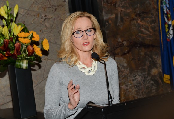 Author J.K. Rowling speaks at the Empire State Building during a lighting ceremony and to mark the launch of her non-profit children's organization Lumos, on Thursday, April 9, 2015, in New York. (Pho ...
