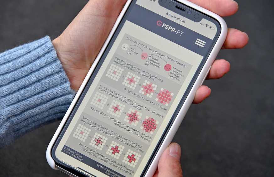 epa08369252 A woman uses the European Corona Tech initiative Pepp-PT app on her smartphone in Cologne, Germany, 17 April 2020. The european project &#039;Pan European Privacy Protecting Proximity Trac ...