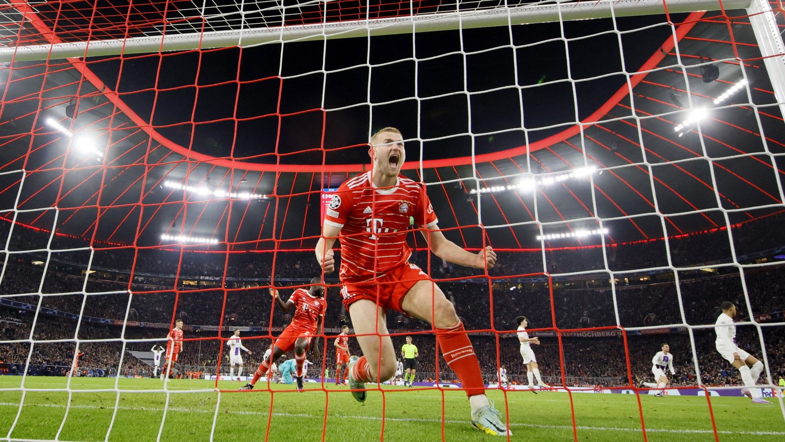 epa10510255 Matthijs de Ligt of Bayern Munich reacts during the UEFA Champions League Round of 16, 2nd leg match between Bayern Munich and Paris Saint-Germain in Munich, Germany, 08 March 2023. EPA/RO ...