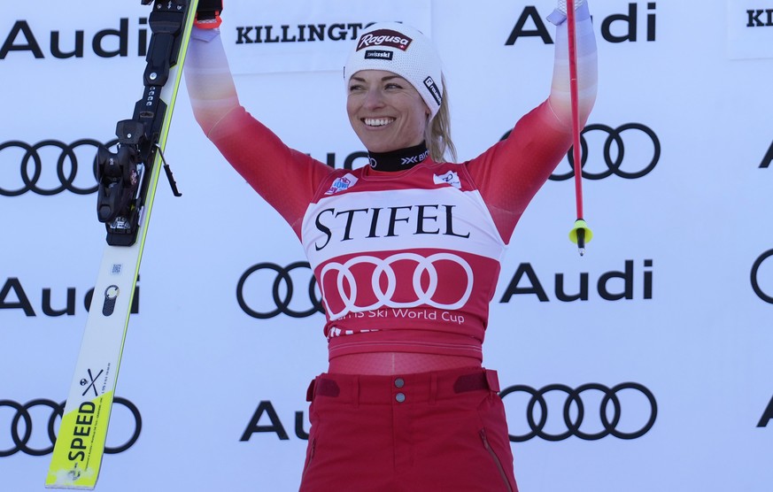 Switzerland's Lara Gut-Behrami celebrates her victory in a World Cup giant slalom skiing race Saturday, Nov. 26, 2022, in Killington, Vt. (AP Photo/Robert F. Bukaty)
Lara Gut-Behrami