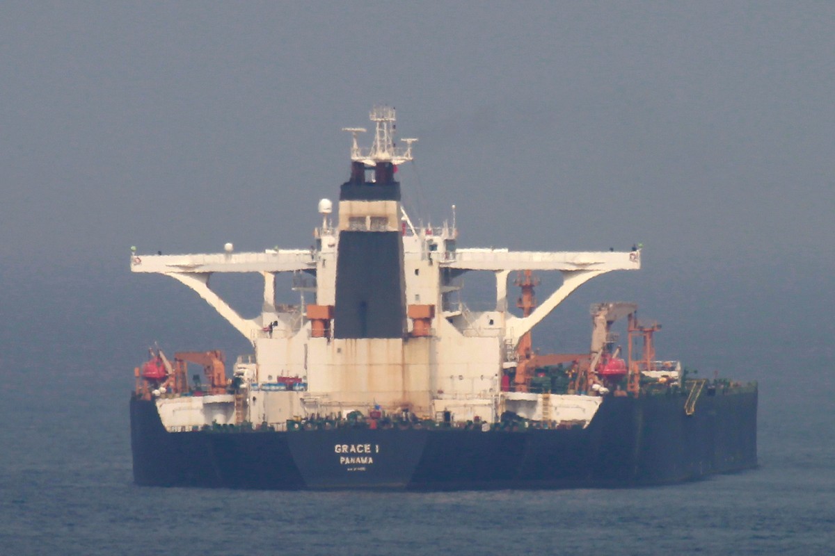 epa07727681 A view of the Iranian oil supertanker Grace 1 intercepted by British Royal Marines and Gibraltar's police in the Strait of Gibraltar, in Algeciras, Spain, 19 July 2019. Gibraltar' ...
