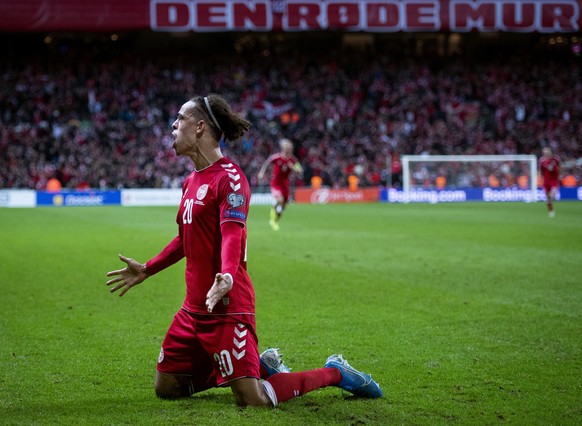 Denmark&#039;s Yussuf Yurary Poulsen reacts after scoring the winning goal against Switzerland during the Euro 2020, Group D qualifying soccer match between Denmark and Switzerland in Telia Parken in  ...