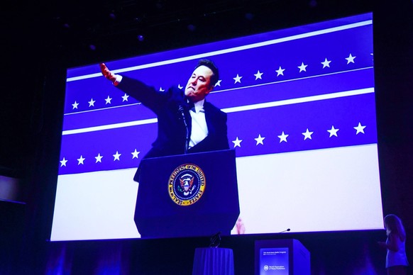 World News Media Congress 2025 A clip with Elon Musk making a controversial salute is screened during World News Media Congress at ICE Krakow Congress Centr in Krakow, Poland on May 4th, 2025. The 76t ...
