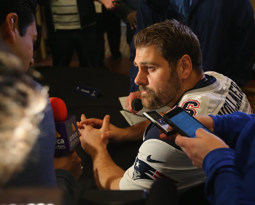 CHANDLER, AZ - JANUARY 28: Sebastian Vollmer #76 of the New England Patriots speaks to the media during the New England Patriots Super Bowl XLIX Media Availability on January 28, 2015 at the Sheraton  ...