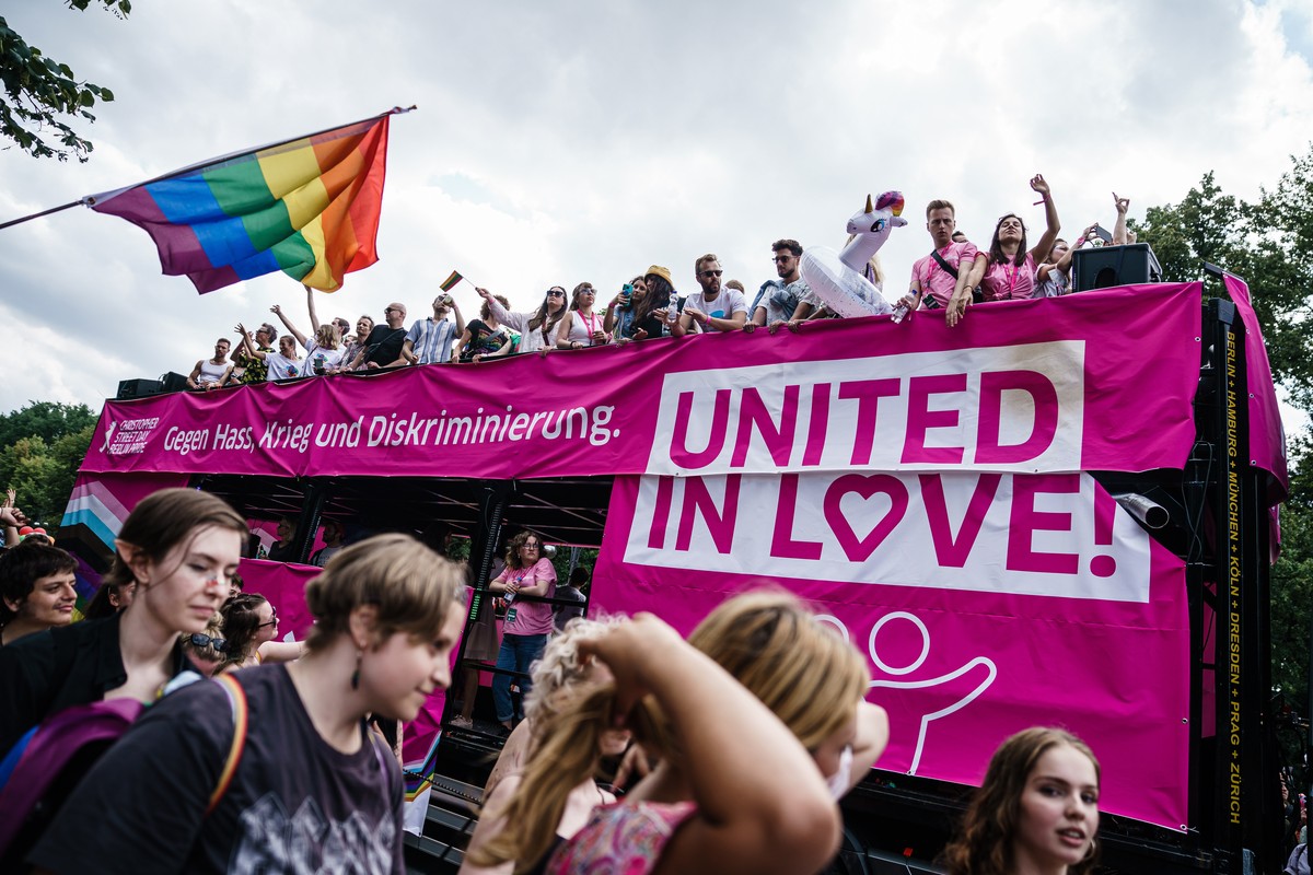 epa10088100 A float presenting the moto of the event moves during the 'CSD Berlin 2022' pride parade in Berlin, Germany, 23 July 2022. The 44th Christopher Street Day takes place under the m ...