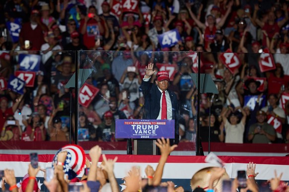 epa11656713 Former US President and current Republican presidential nominee Donald Trump speaks during an election rally in Coachella, California, 12 October 2024. EPA/ALLISON DINNER