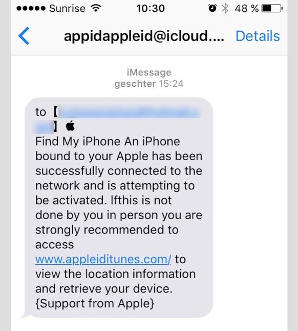 Phishing-Nachricht an iPhone-User