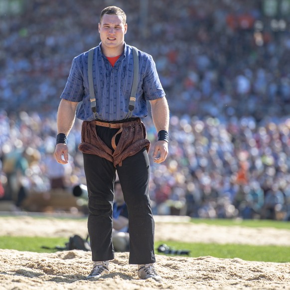 Joel Wicki im 4. Gang am Eidgenoessischen Schwing- und Aelplerfest (ESAF) in Zug, am Samstag, 24. August 2019. (KEYSTONE/Urs Flueeler)