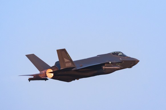 epa11886838 A Norwegian Air Force F35 fighter jet, stationed at the 31st Tactical Air Base in Poznan-Krzesiny, performs a demonstration flight at the Air Base in Poznan-Krzesiny, Poland, 10 February 2 ...