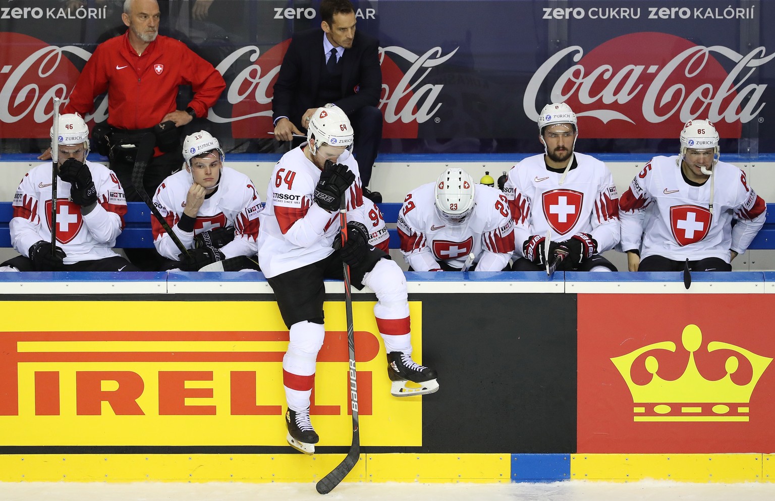 epa07594941 The players of Switzerland react after losing the IIHF World Championship quarter final ice hockey match between Canada and Switzerland at the Steel Arena in Kosice, Slovakia, 23 May 2019. ...