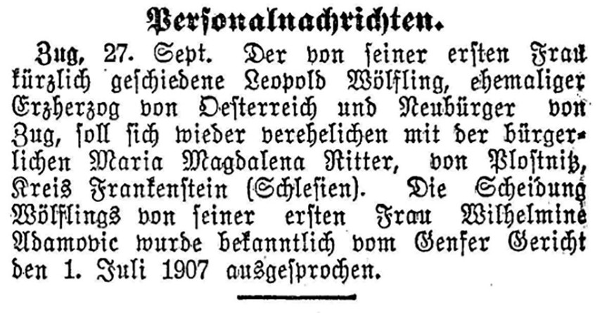 Mitteilung aus den «Neuen Zürcher Nachrichten» vom 28. September 1907.