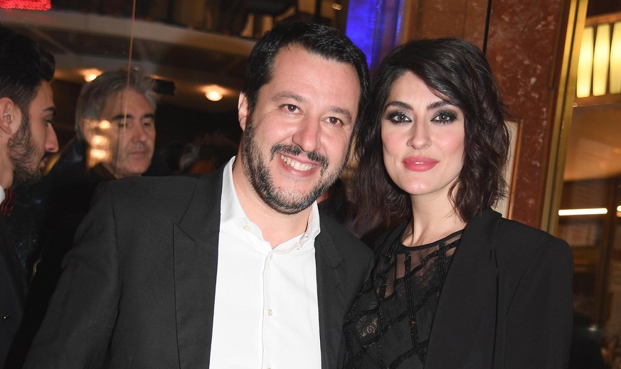 Northern League party leader Matteo Salvini and his partner Elisa Isoardi arrives to the Ariston theater to attend the 68th Sanremo Italian Song Festival, in Sanremo, Italy, Friday, Feb. 9, 2018. (Cla ...