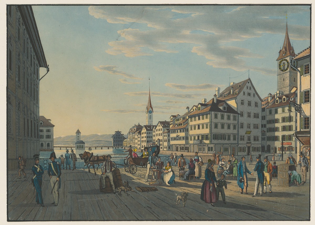Blick auf den Zürcher Weinplatz, in unmittelbarer Nähe vom Café Littéraire. Druckgrafik von Johannes Ruff, ca. 1835.
https://www.e-rara.ch/zuz/content/titleinfo/15508649