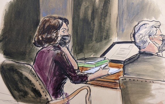 In this courtroom sketch, Ghislaine Maxwell, left, sits at the defense table with defense attorney Jeffrey Pagliuca while listening to testimony in her sex abuse trial, Thursday, Dec. 16, 2021, in New ...