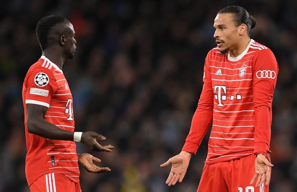 Manchester, England, 11th April 2023. Sadio Mane and Leroy Sane of Bayern Munich disagree during the UEFA Champions League match at the Etihad Stadium, Manchester. Picture credit should read: Gary Oak ...
