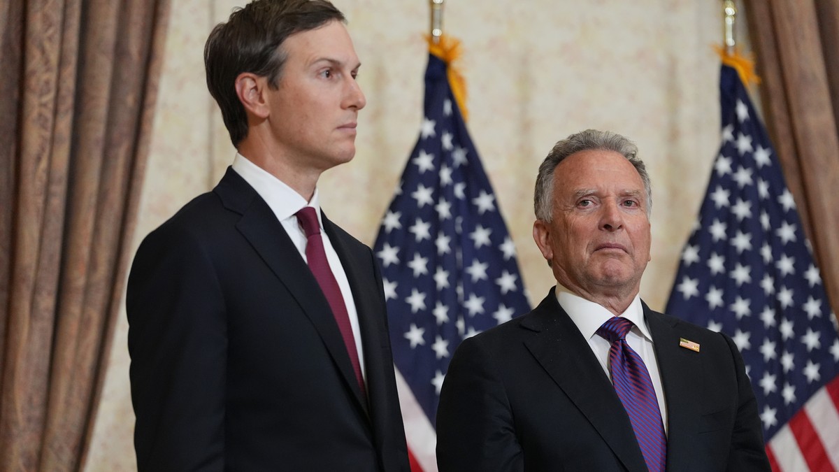 Jared Kushner, left, and Steve Witkoff, Special Envoy for Peace Missions listen as Vice President JD Vance speaks during a news conference after meeting with representatives from Pakistan and Iran, Su ...