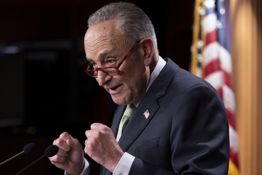 epa10096352 Senate Majority Leader Chuck Schumer holds a news conference on Capitol Hill, in Washington, DC, USA, 28 July 2022. Senate Democratic leadership reached an agreement with a key Democratic  ...