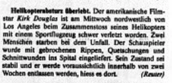 NZZ-Meldung zum Helikopter-Absturz von Kirk Douglas 1991