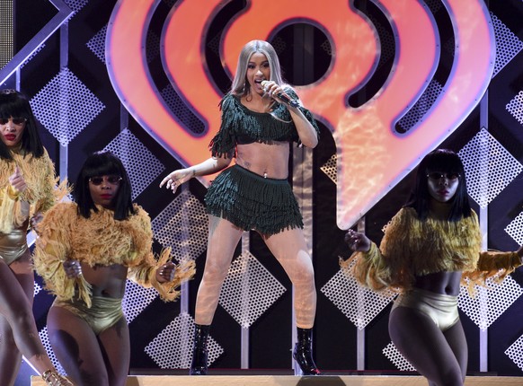 FILE - In this Dec. 7, 2018 file photo, hip-hop recording artist Cardi B performs at Z100&#039;s iHeartRadio Jingle Ball in New York. 
Cardi B, Kacey Musgraves, Janelle Monae and Post Malone will perf ...