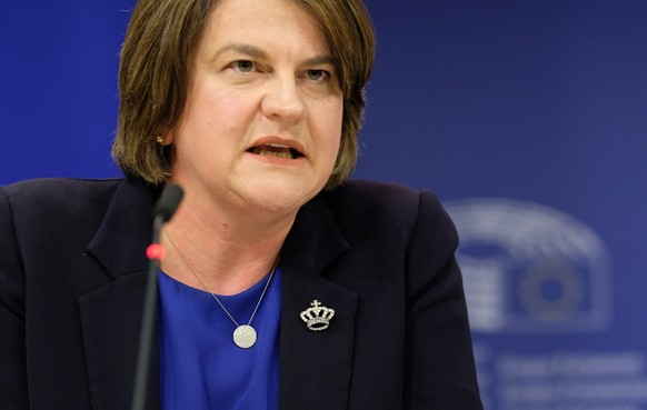 epa07080463 Leader of Northern Ireland&#039;s Democratic Unionist Party Arlene Foster gives a press conference after a meeting with Michel Barnier, the European Chief Negotiator of the Task Force for  ...