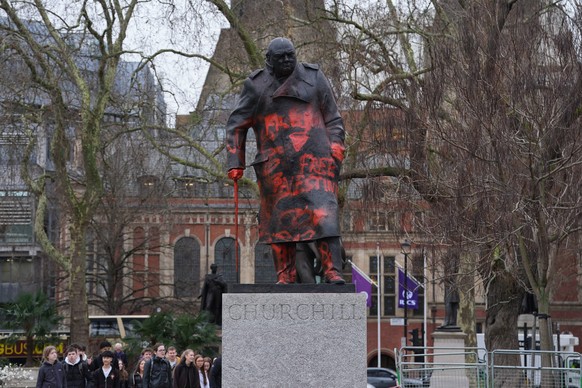 A view of the statue of Winston Churchill in Parliament Square, defaced with graffiti, in London, Friday, Feb. 27, 2026. (Lucy North/PA via AP)
Churchill statue vandalised