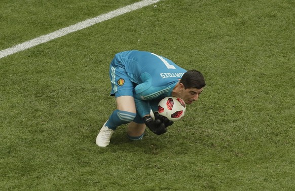 Belgium goalkeeper Thibaut Courtois makes a save during the third place match between England and Belgium at the 2018 soccer World Cup in the St. Petersburg Stadium in St. Petersburg, Russia, Saturday ...