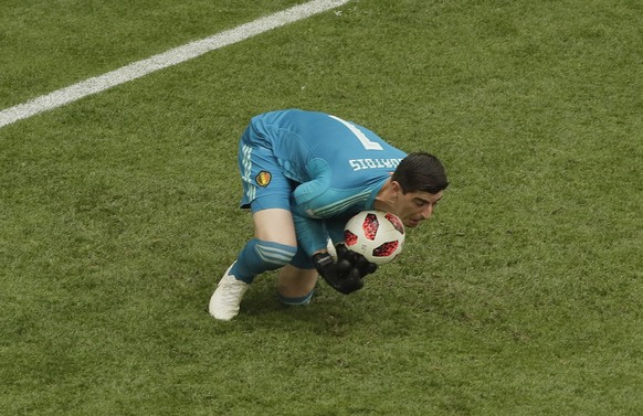 Belgium goalkeeper Thibaut Courtois makes a save during the third place match between England and Belgium at the 2018 soccer World Cup in the St. Petersburg Stadium in St. Petersburg, Russia, Saturday ...