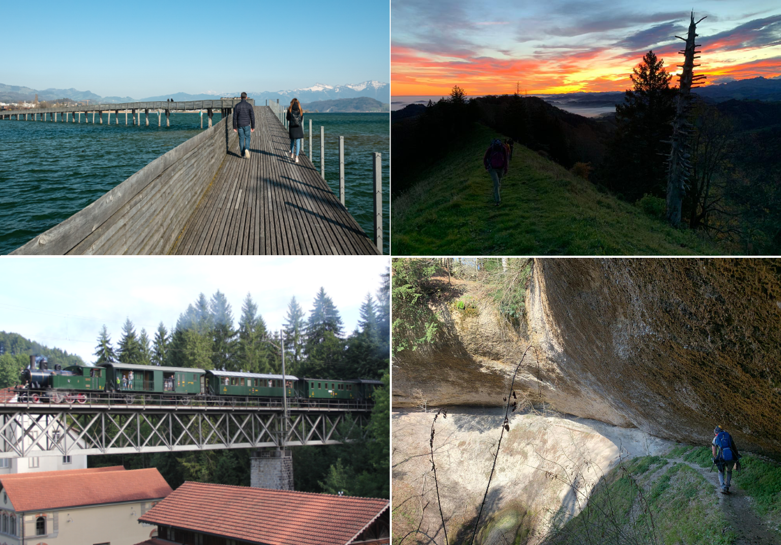 Der Holzsteg in Rapperswil, der Sonnenaufgang auf dem Schnebelhorn, die Dampfbahn bei Bauma und der Schreizer Giessen: Da kommen wir überall vorbei.