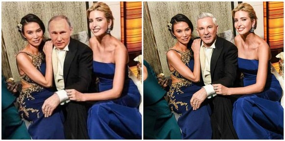 Das Original-Foto (rechts) zeigt Trumps Tochter mit Wendi Murdoch und Filmregisseur Baz Luhrmann.&nbsp;